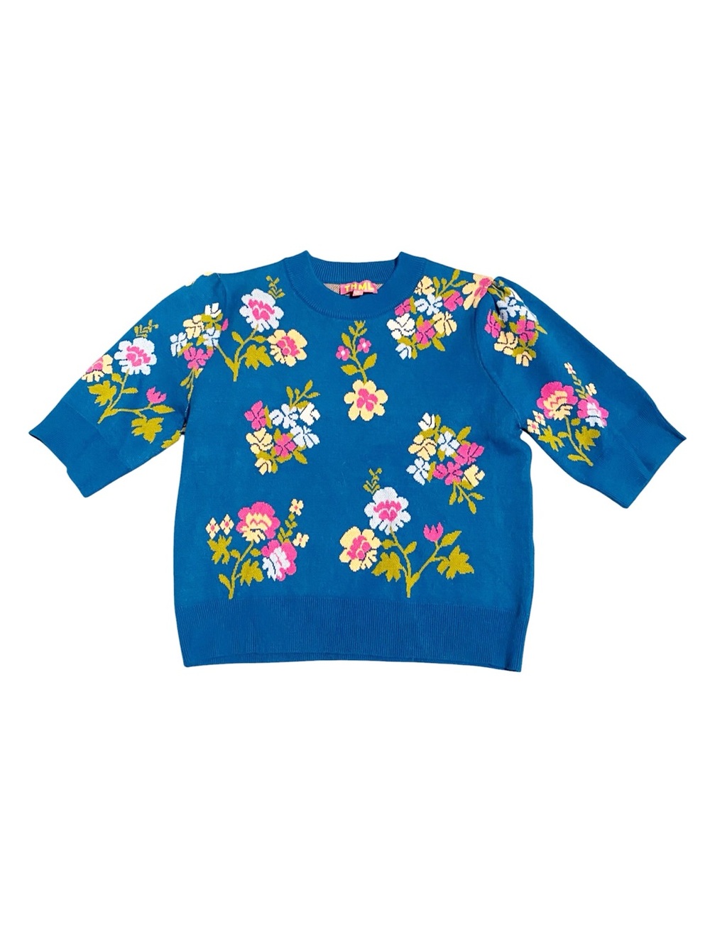 THML Blue Floral Knit Short Sleeved Sweater Size Medium